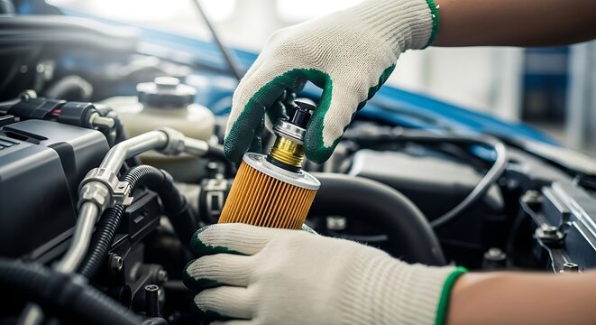Close up of gloved hands pouring oil into a car engine during a routine maintenance check and service in a garage