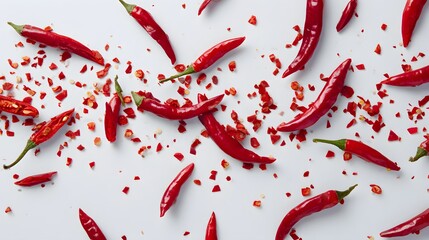 Bright red chili peppers and flakes are scattered across a plain white background from an overhead perspective