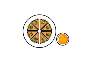 Illustration of baklava slices arranged on a plate with a side of honey.