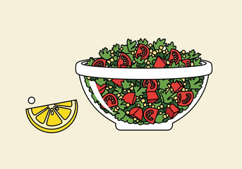 Vector illustration of a fresh tabbouleh salad in a clear bowl with a lemon wedge on the side.