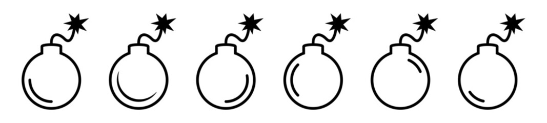 Bomb with Burning Fuse Icon Set – Linear Explosive Symbols, Danger and Detonation Outline Vector Illustration