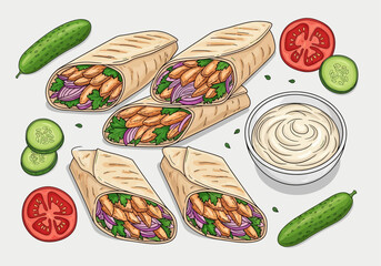 An illustration of delicious chicken shawarma wraps with fresh cucumbers, tomatoes, and a bowl of creamy white sauce.