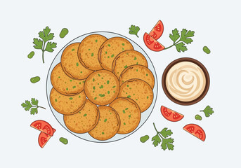 A top-down view of a plate of golden falafel with dipping sauce and garnishes.