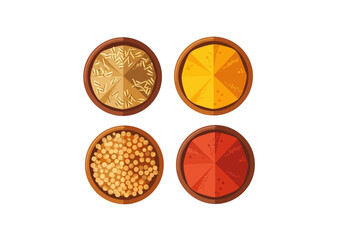 Top view vector illustration of four wooden bowls containing assorted spices and grains like turmeric, paprika, and mustard seeds.