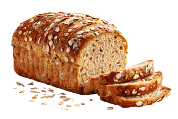 Sliced whole grain oat bread loaf isolated on transparent background — fresh baked multigrain bread with seeds and golden crust