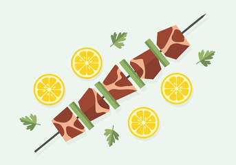 A vibrant illustration of a kebab skewer with meat, vegetables, and lemon slices.