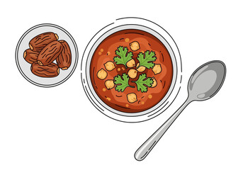 Overhead view of a bowl of soup with chickpeas and cilantro, dates, and a spoon.