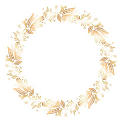 Golden round wreath frame with whimsical flowers and leaves design
