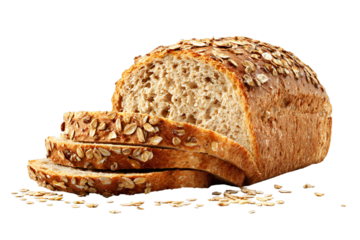 Sliced whole grain oat bread loaf isolated on transparent background — fresh baked multigrain bread with seeds and golden crust