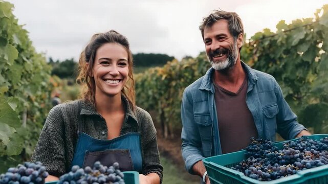 Two people in a vineyard, smiling as they fill baskets with dark purple grapes.