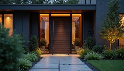 Fototapeta premium Modern dark wood front door with glass panels is illuminated at twilight. A paved walkway leads to the entrance surrounded by rich green plants and a lit tree.