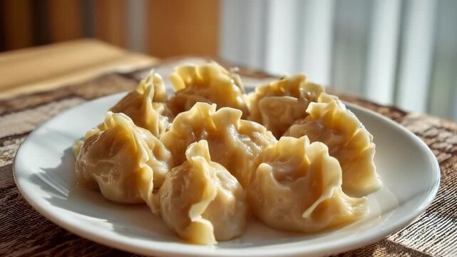 Steamed dumplings with pleated edges on a white plate.