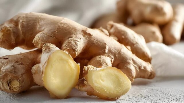 Fresh ginger root with sliced pieces showing the pale yellow interior.