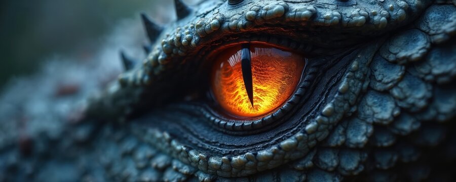 Close up of fearsome dragon eye glowing orange with slit pupil. Textured, scaly skin surrounds intense reptilian gaze. Mythical creature looks out from dark, exuding power, danger. Magnificent beast.