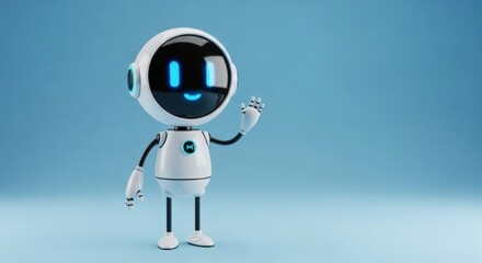 Friendly AI Cheerful Robot Waving Hello on Blue Background with Artificial Inteligence.