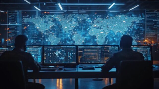 Cybersecurity Intelligence Center: Two professionals work diligently at a high-tech cybersecurity intelligence center, monitoring the world map displayed on screens.