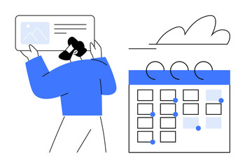 Person managing schedules with calendar and data, engaging in planning, organization, and time management. Ideal for productivity, scheduling, strategy, teamwork, management workflow simple flat