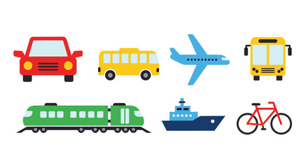 Flat Transport Icon Pack – Car, Bus, Airplane, Train, Ship, Bicycle – Minimal Vector Set