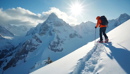 Person snowshoeing up snowy mountain trail. Bright sun shines on person with backpack walking in winter landscape. Huge mountains rise behind hiker on cold, clear day.