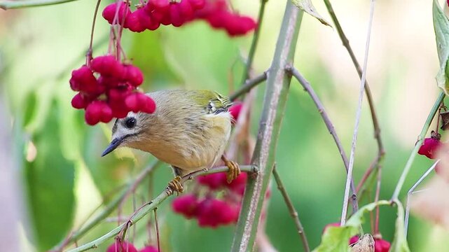 Small Goldcrest Bird Regulus regulus Looks Around and Flies Off Branch with Red Berries