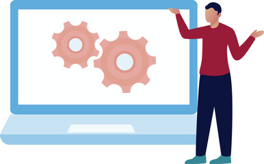 The boy  is showing setting gear on laptop