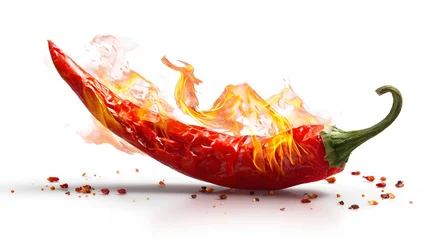 Plexiglas schilderij Hete pepers Vibrant red chili pepper burns with intense flame and scattered flakes on a stark white background  © Gendar SINURO