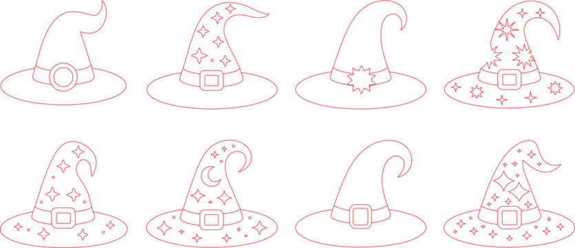 Eight RedOutline Witch Hats with Buckles, Crescent Moon and Star Details for Halloween Decoration