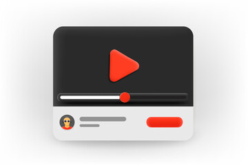 Online video player with play button template with progress bar. Vector 3d application icon