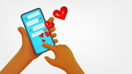 Dating via smartphone. 3d vector concept
