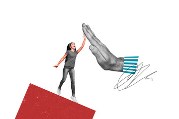 Obraz premium Composite collage image of&nbsp;funny little girl hands high five hello friendship&nbsp;bizarre unusual fantasy billboard