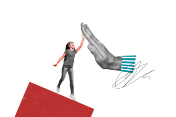 Composite collage image of funny little girl hands high five hello friendship bizarre unusual fantasy billboard