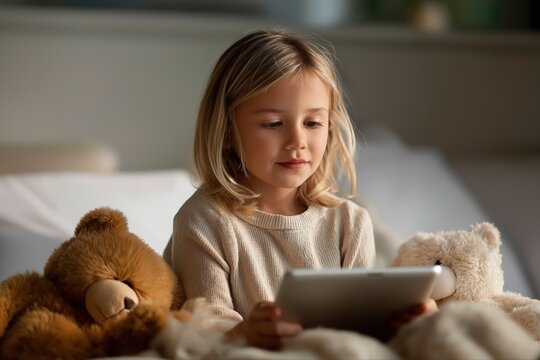 Young caucasian girl with teddy bears using tablet in cozy bedroom setting