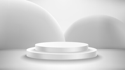 Grey studio with circle podium. Vector 3d illustration