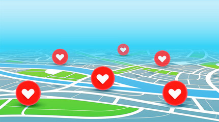Сity map with heart icons in perspective. 3d vector illustration
