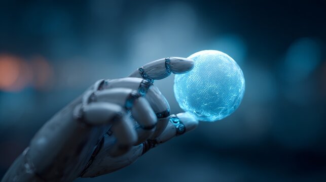 Robotic hand gently touching a glowing sphere of interconnected data points, symbolizing the power and potential of artificial intelligence in a futuristic technological landscape