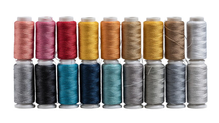 Vibrant collection of sewing threads in various colors showcasing shades of pink red gold blue and silver isolated on transparent background