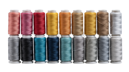 Vibrant collection of sewing threads in various colors showcasing shades of pink red gold blue and silver isolated on transparent background