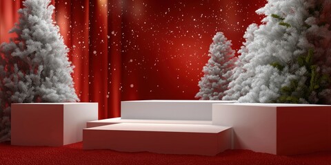 Festive winter holiday background with snowy white trees and red curtains