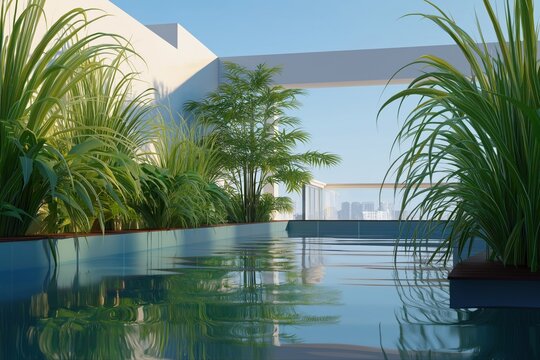 Modern rooftop pool with tropical plants and city skyline