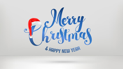 Merry Christmas and happy new year greating card with Santa red hat. Vector 3d illustration with lettering logo