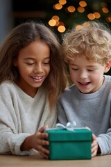 Joyful children unwrapping gift box in festive setting with lights