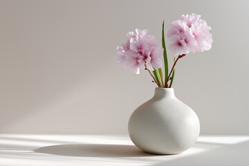 Minimalist ceramic vase with pink flowers on soft background