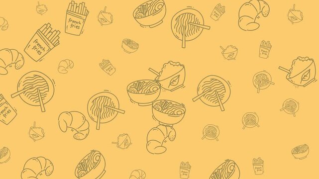 Food doodle with various items like french fries, croissants, and noodles in handdrawn style. Suitable for culinary designs, menus, packaging.