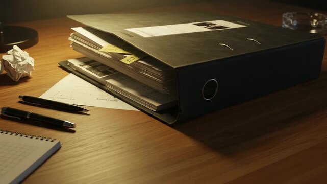 Criminal file folder on desk, folder partially opened with documents inside, folder used in legal cases, crime stories, investigation footage and law enforcement visuals with paperwork and evidence