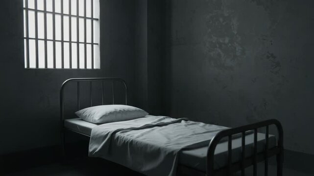 Empty prison bed with folded blanket near barred window, prison bed inside cold cell, prison bed used in crime visuals, incarceration footage, law enforcement and solitary confinement scenes