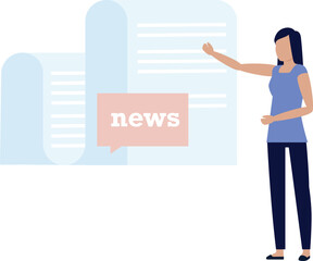 The girl is pointing at newspaper