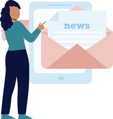 The girl is pointing Email news in mobile