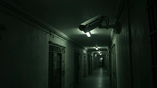 Security camera mounted in dark prison hallway, camera angled toward corridor, camera used in surveillance footage, crime monitoring, prison control systems and institutional security content