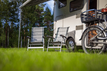 Family vacation travel RV, holiday trip in motorhome, Caravan car Vacation. Beautiful Nature Norway.