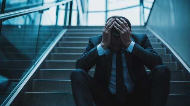 Downcast Reflection: A dejected individual, clad in a formal suit, finds themself alone, hunched over in despondency upon the stairs, grappling with feelings of failure and setback.